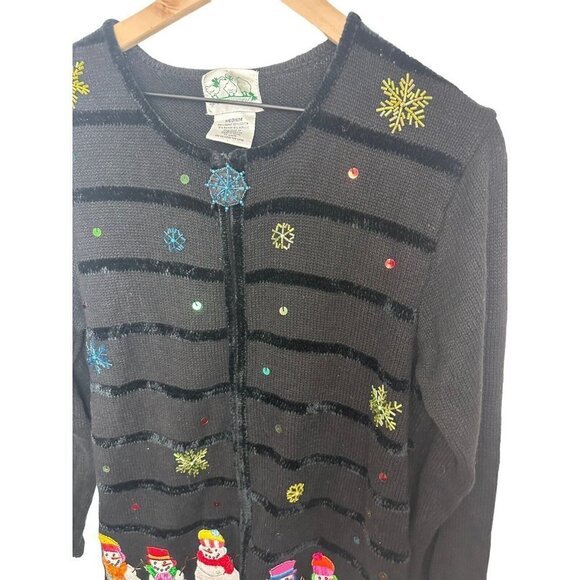 Quacker Factory Snowman Cardigan‎ Zip ugly Sweater Beaded Sequins Womens Sz M - Picture 2 of 6